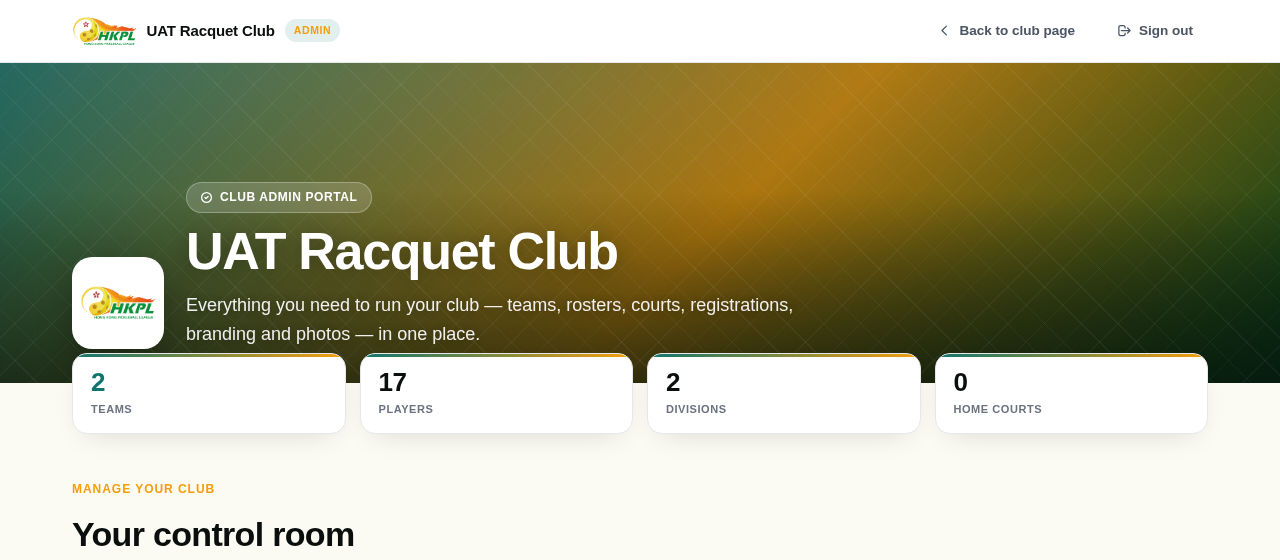 Club admin portal — live stats