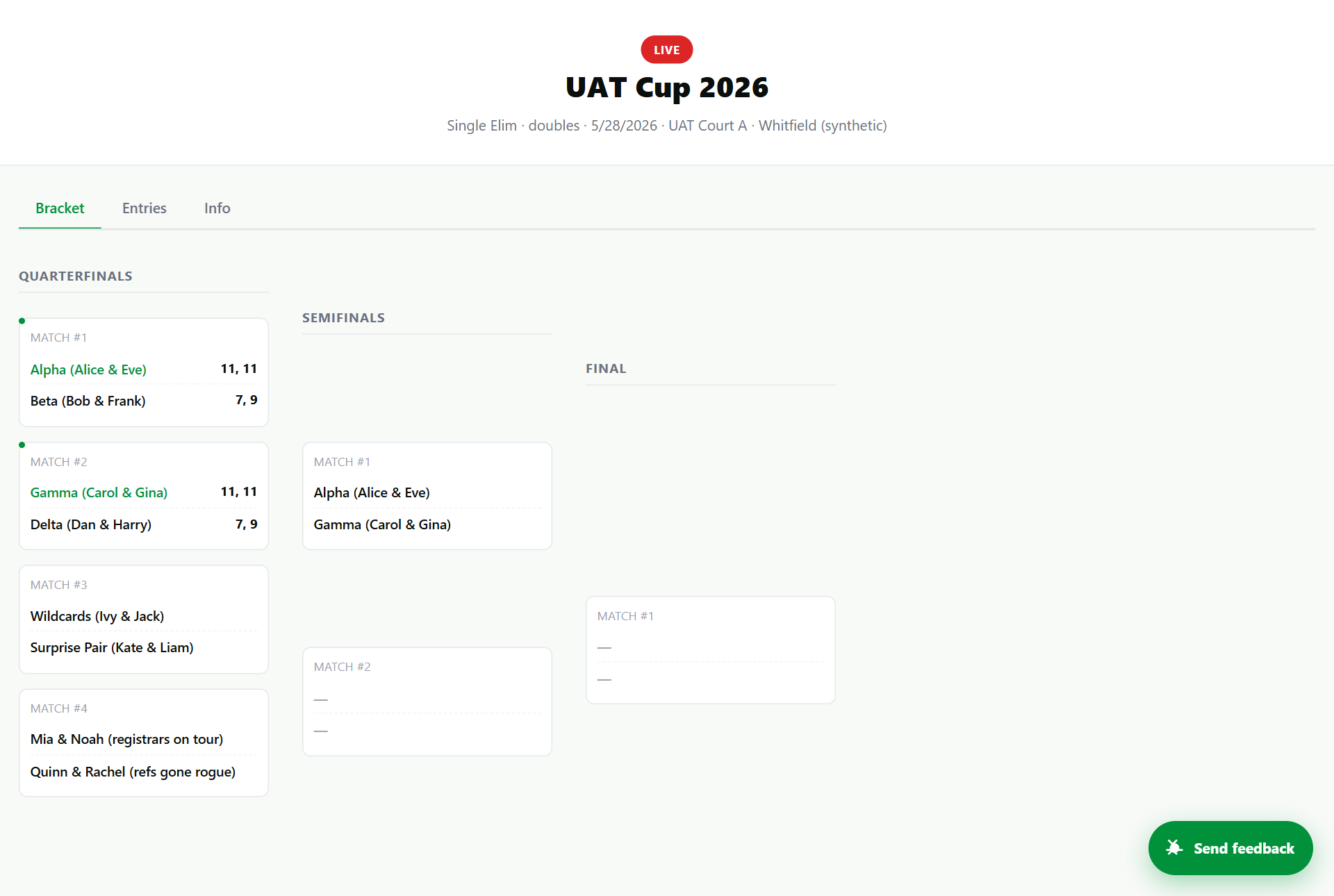 Live tournament bracket
