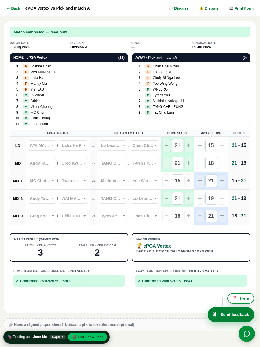 A completed match scoresheet — 5 games, 3-2, winner, both captains confirmed