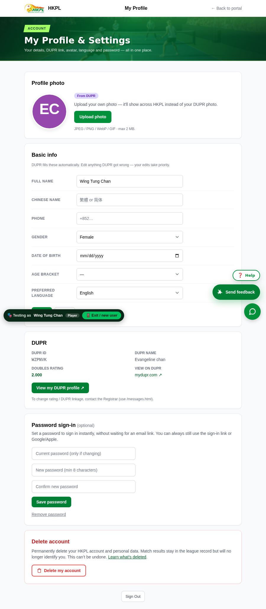 Settings page