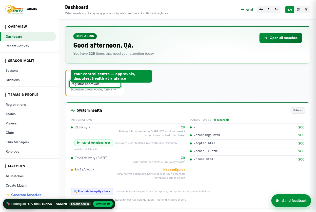 League Admin dashboard