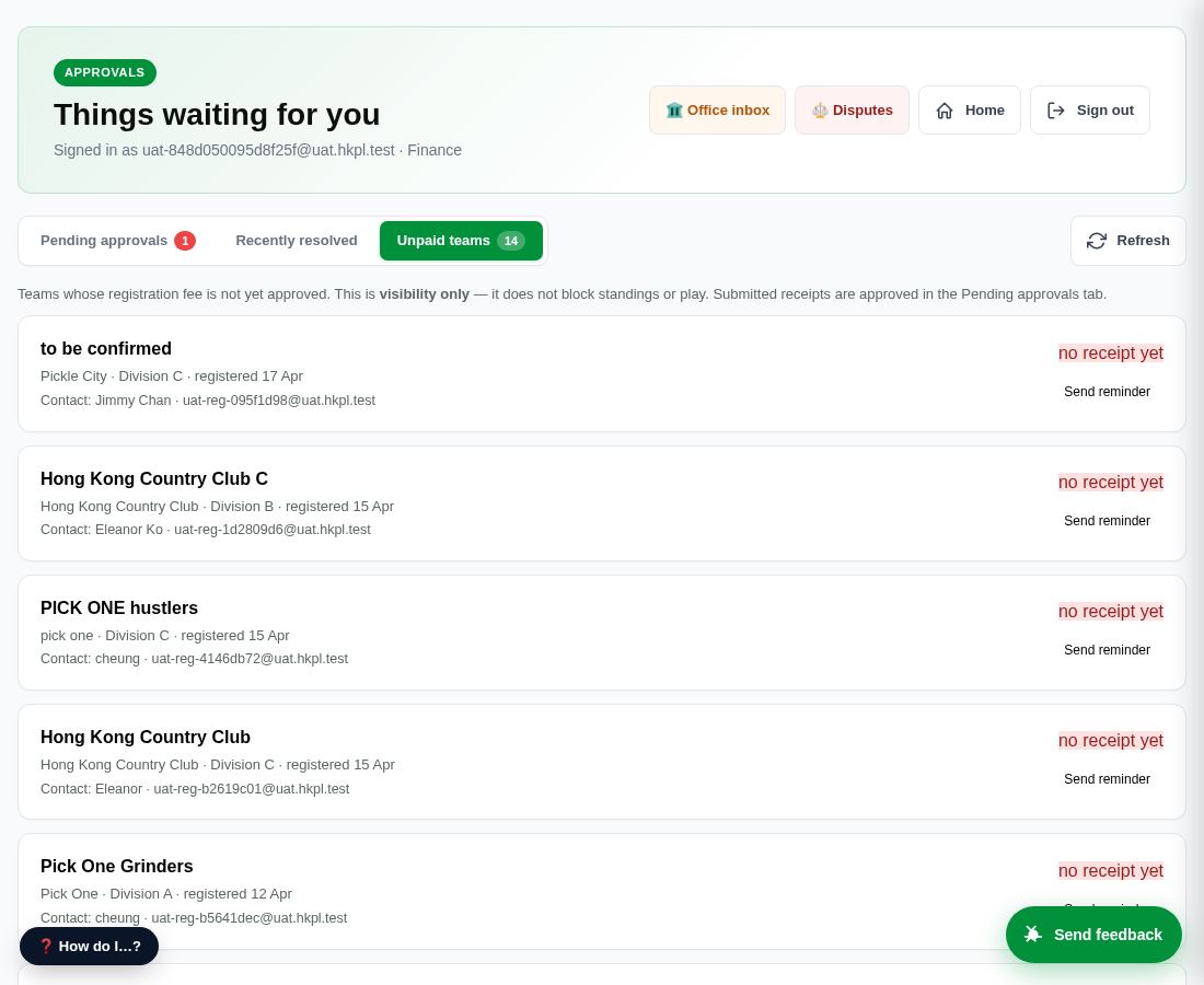 Finance — Unpaid teams with reminder action