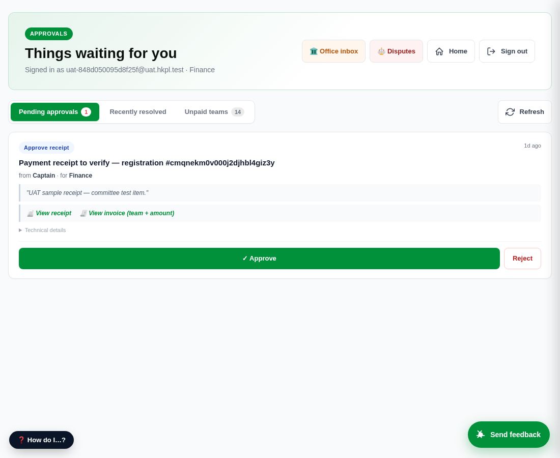 Finance approvals + Unpaid teams