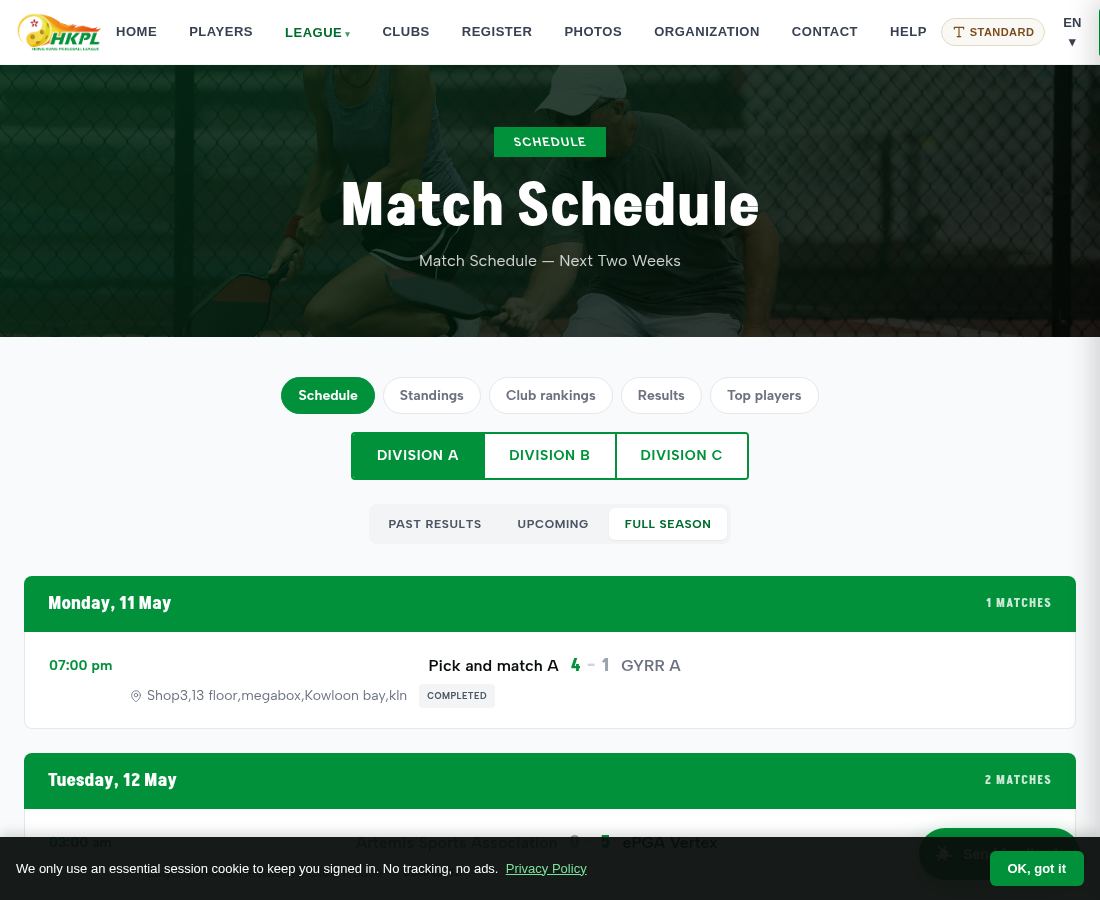 Live schedule + results