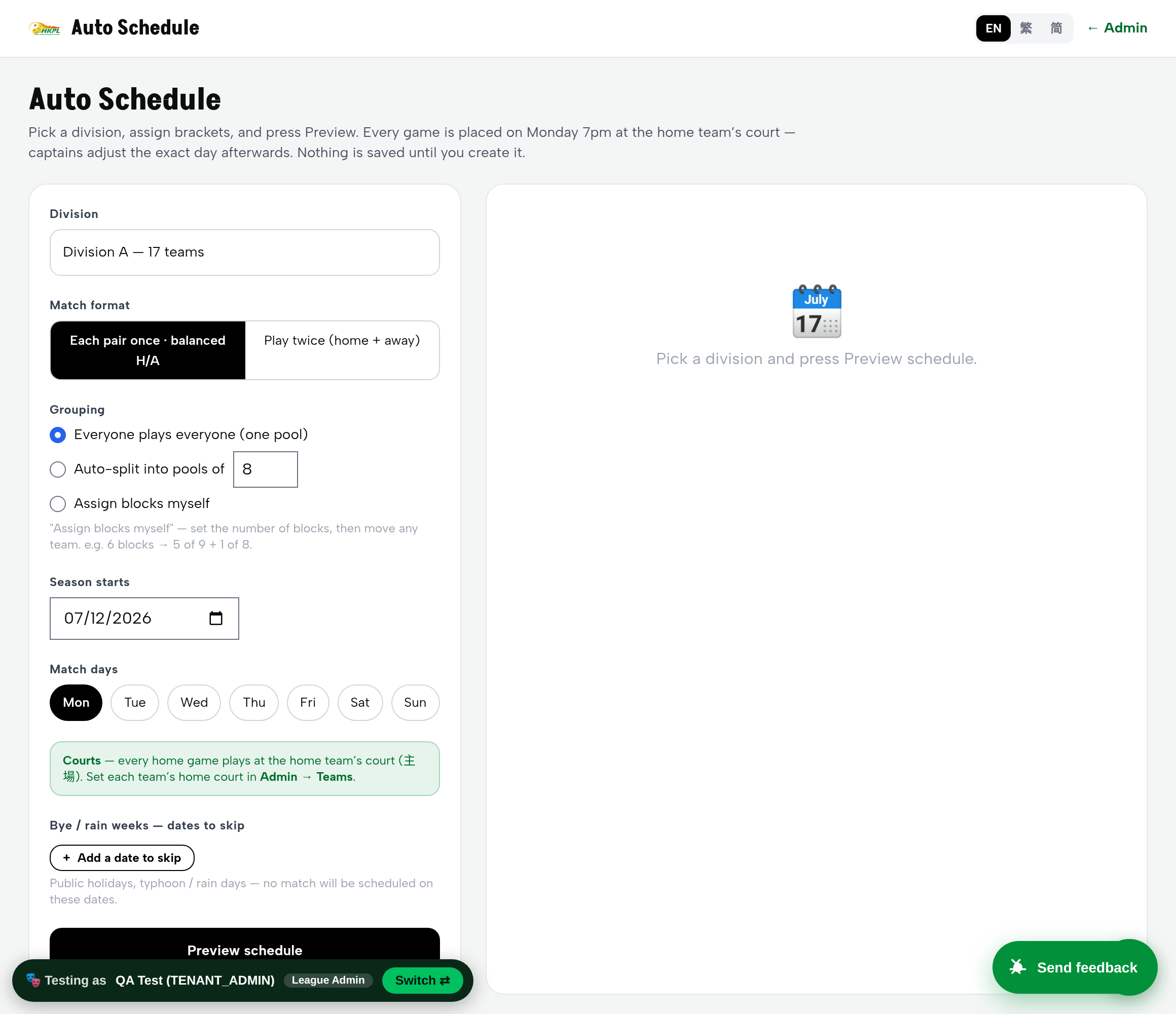 Auto Schedule screen