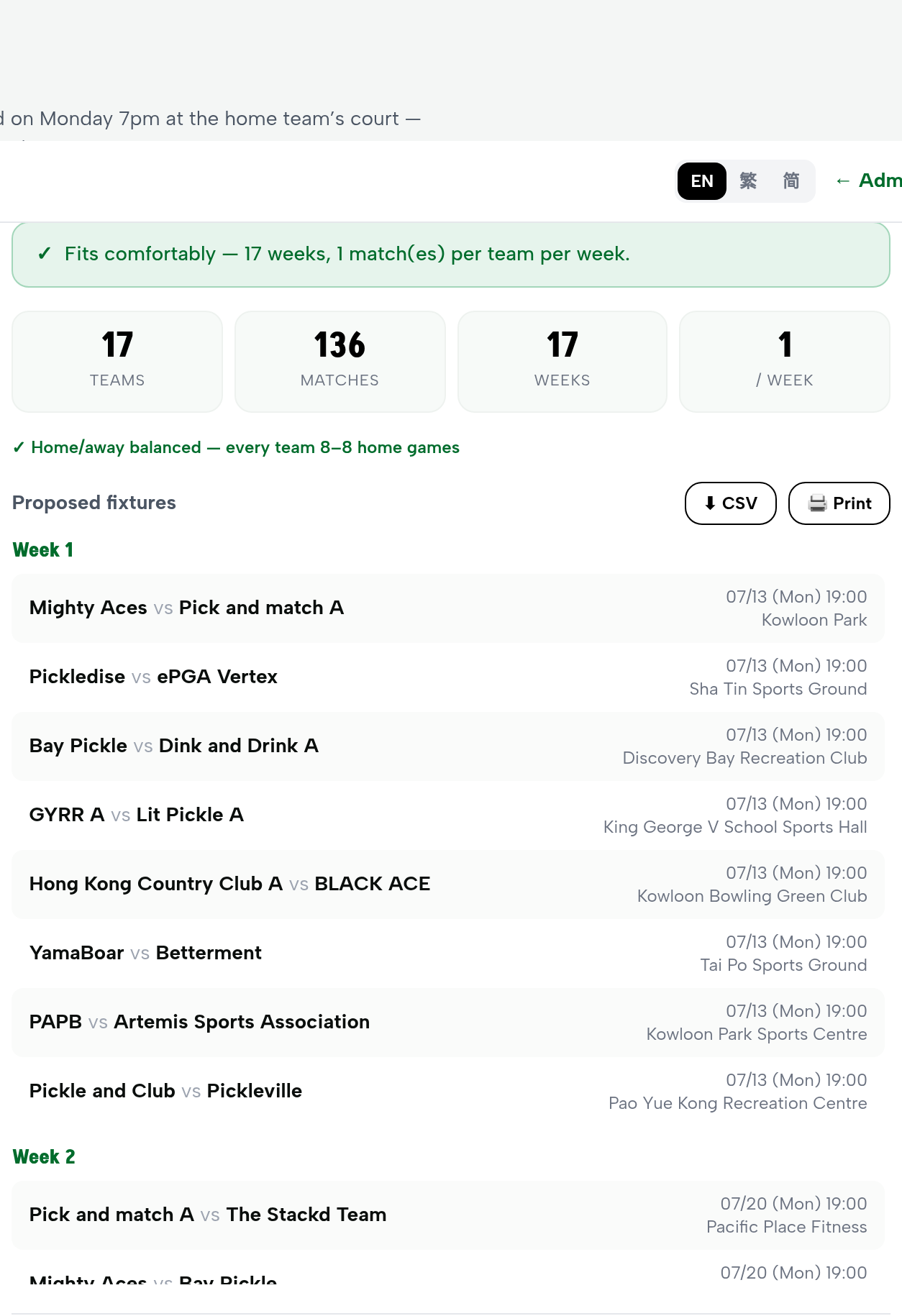 Generated schedule preview for Division A