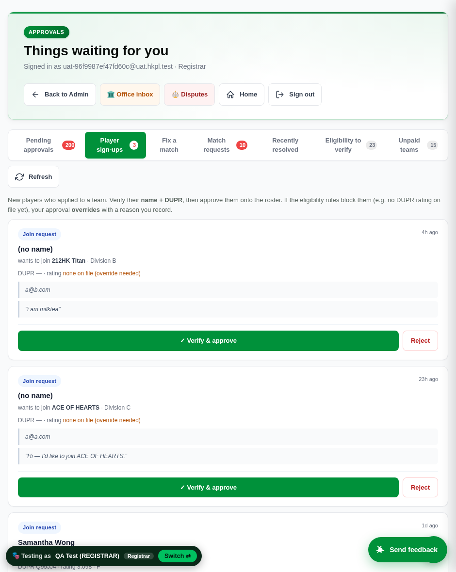 Registrar Player sign-ups