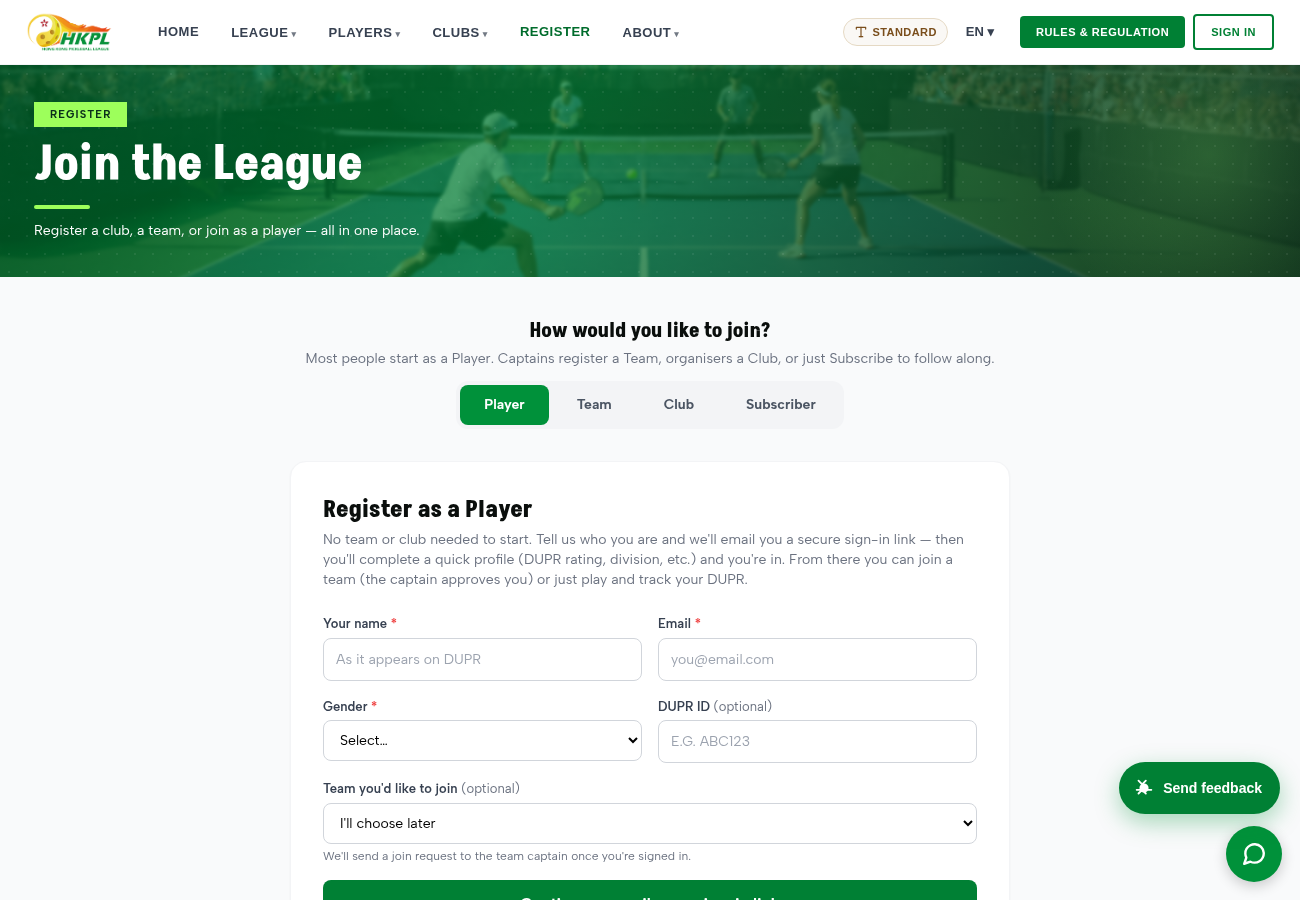 Register as a player — full form
