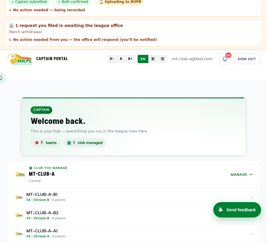 Captain hub — greeting, team/club counts, and the club you manage