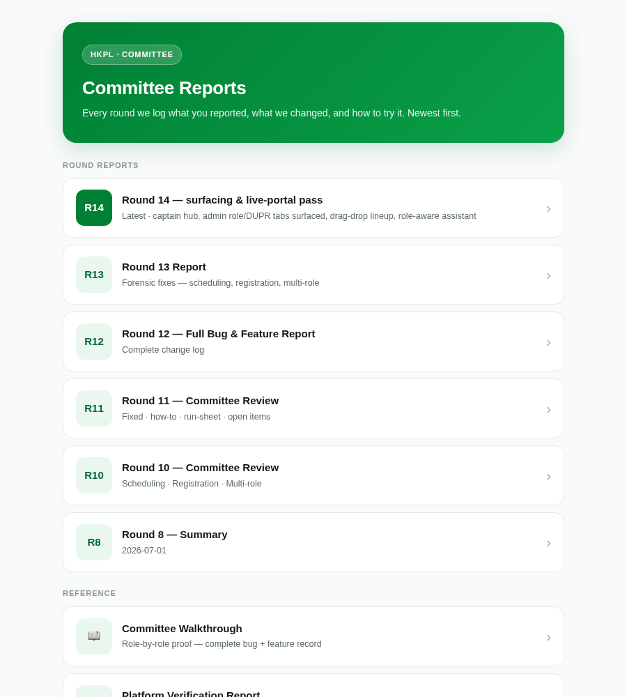 Committee reports archive — every round in one place