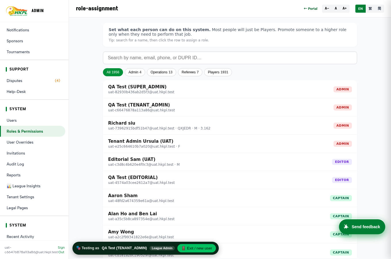 Admin — Roles & Permissions now in the sidebar, with the full people list